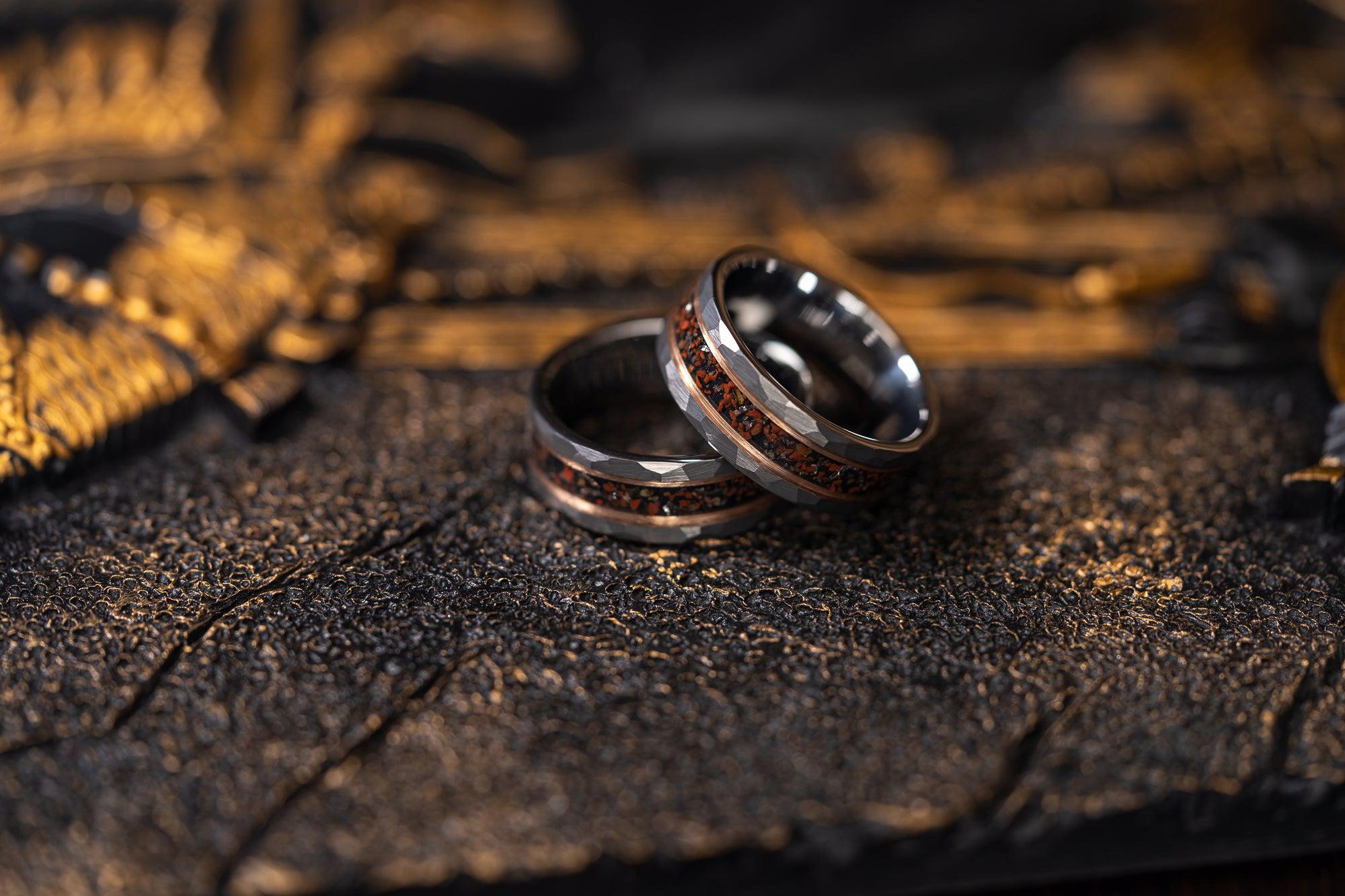 "Perseus" Grey/Rose Hammered Tungsten Carbide Ring- Dinosaur Bones and Meteorite- Grey/Rose- 6mm/8mm