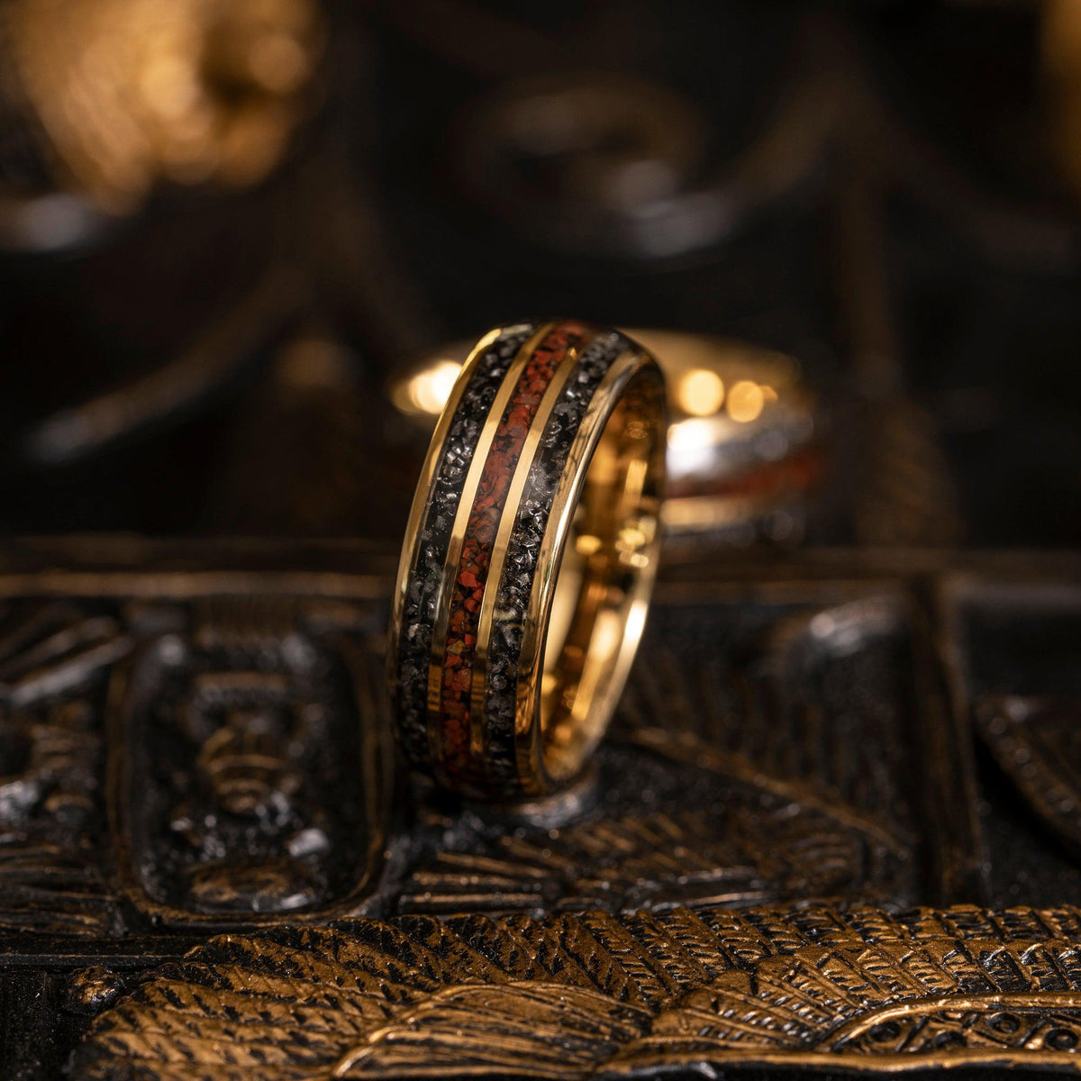 &quot;Perseus&quot; Yellow Gold Domed Tungsten Carbide Ring- Dinosaur and Meteorite- 6mm/8mm