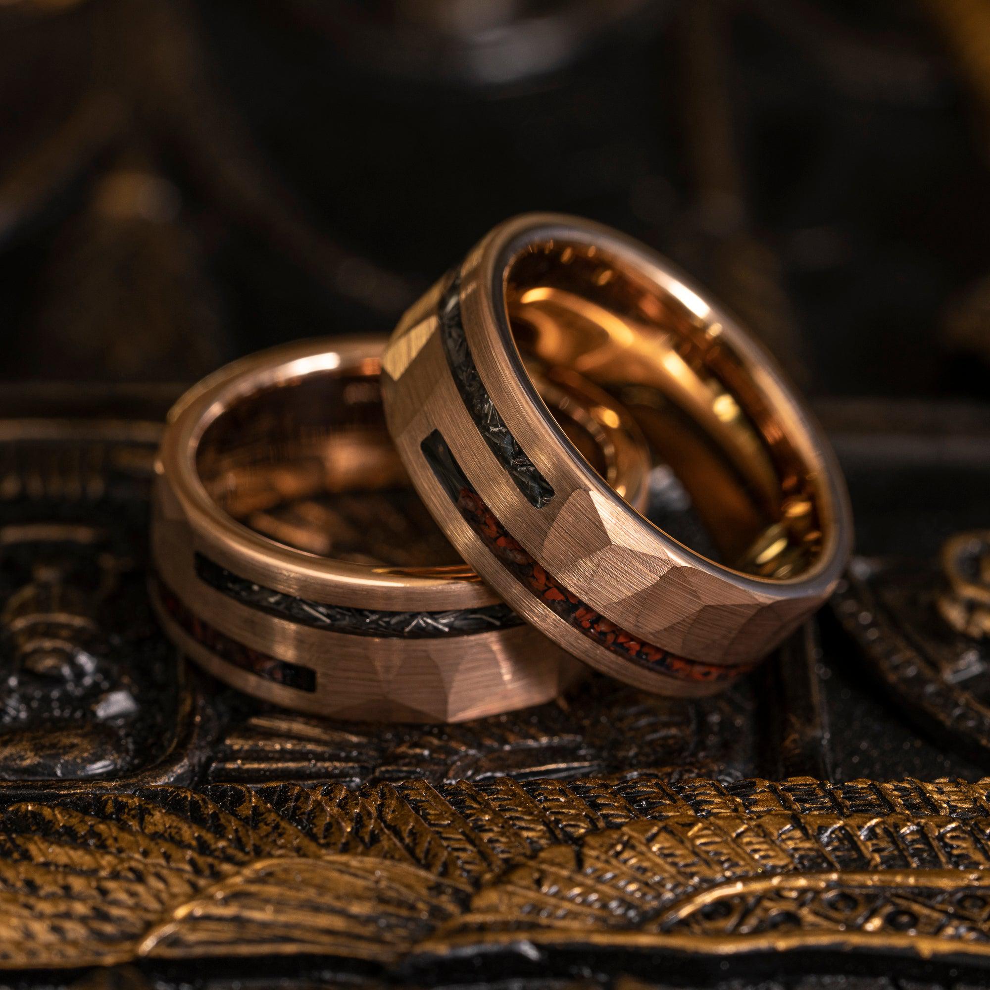 "Perseus" Rose Gold Hammered Tungsten Carbide Ring- Dinosaur and Meteorite- 8mm