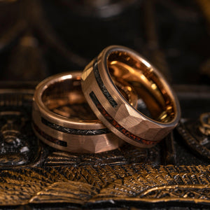 "Perseus" Rose Gold Hammered Tungsten Carbide Ring- Dinosaur and Meteorite- 8mm