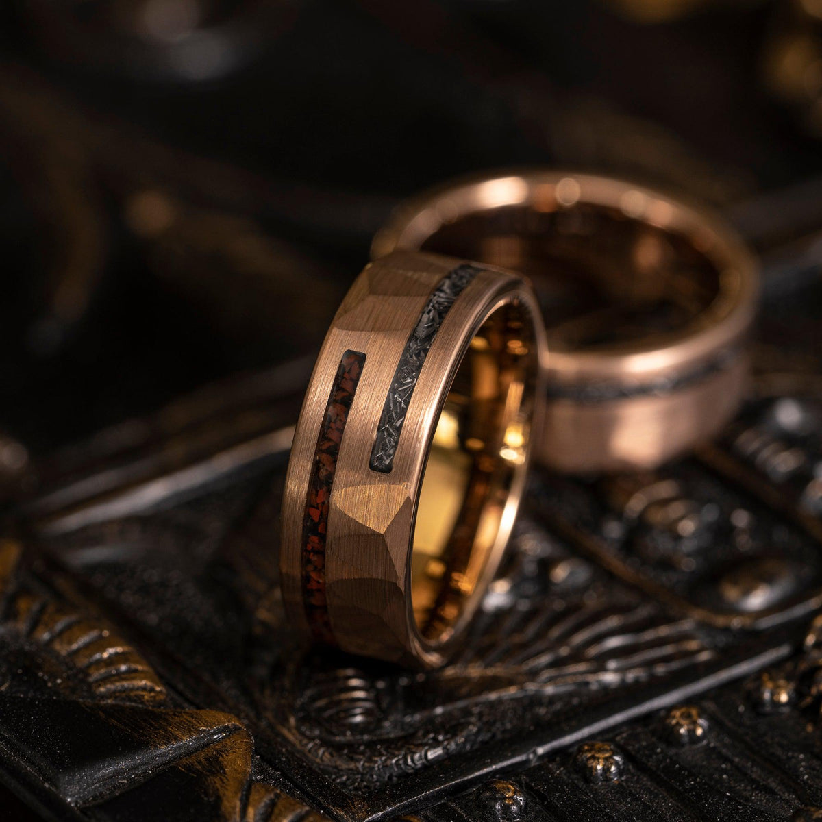 &quot;Perseus&quot; Rose Gold Hammered Tungsten Carbide Ring- Dinosaur and Meteorite- 8mm