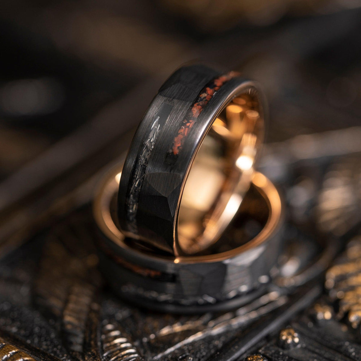 &quot;Perseus&quot; Black x Rose Gold Hammered Tungsten Carbide Ring- Dinosaur and Meteorite- 8mm