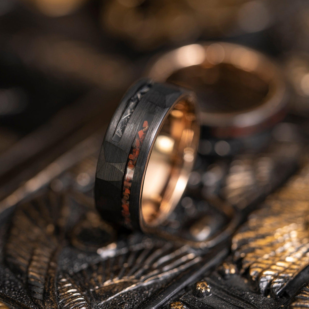 "Perseus" Black x Rose Gold Hammered Tungsten Carbide Ring- Dinosaur and Meteorite- 8mm