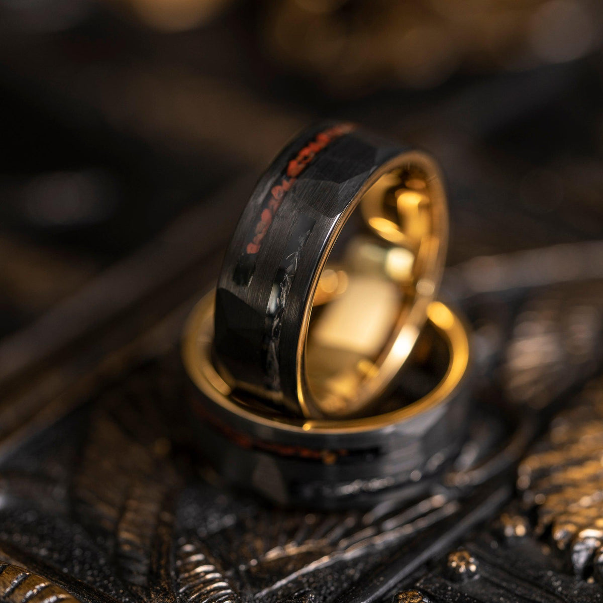 &quot;Perseus&quot; Black x Yellow Gold Hammered Tungsten Carbide Ring- Dinosaur and Meteorite- 8mm