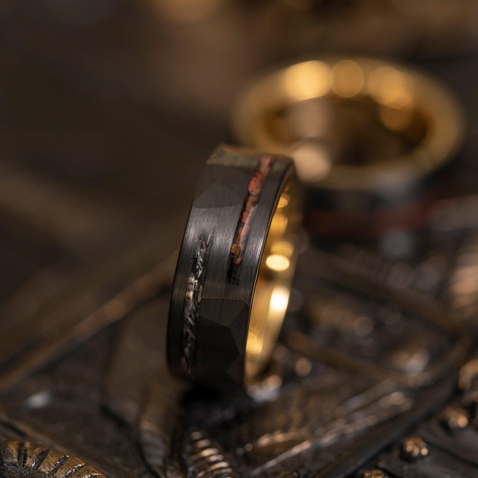 "Perseus" Black x Yellow Gold Hammered Tungsten Carbide Ring- Dinosaur and Meteorite- 8mm