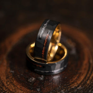 "Perseus" Black x Yellow Gold Hammered Tungsten Carbide Ring- Dinosaur and Meteorite- 8mm
