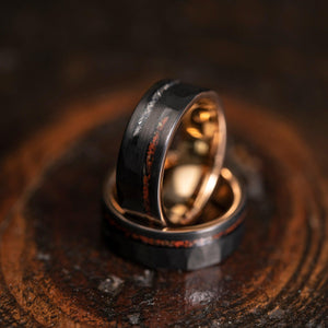 "Perseus" Black x Rose Gold Hammered Tungsten Carbide Ring- Dinosaur and Meteorite- 8mm