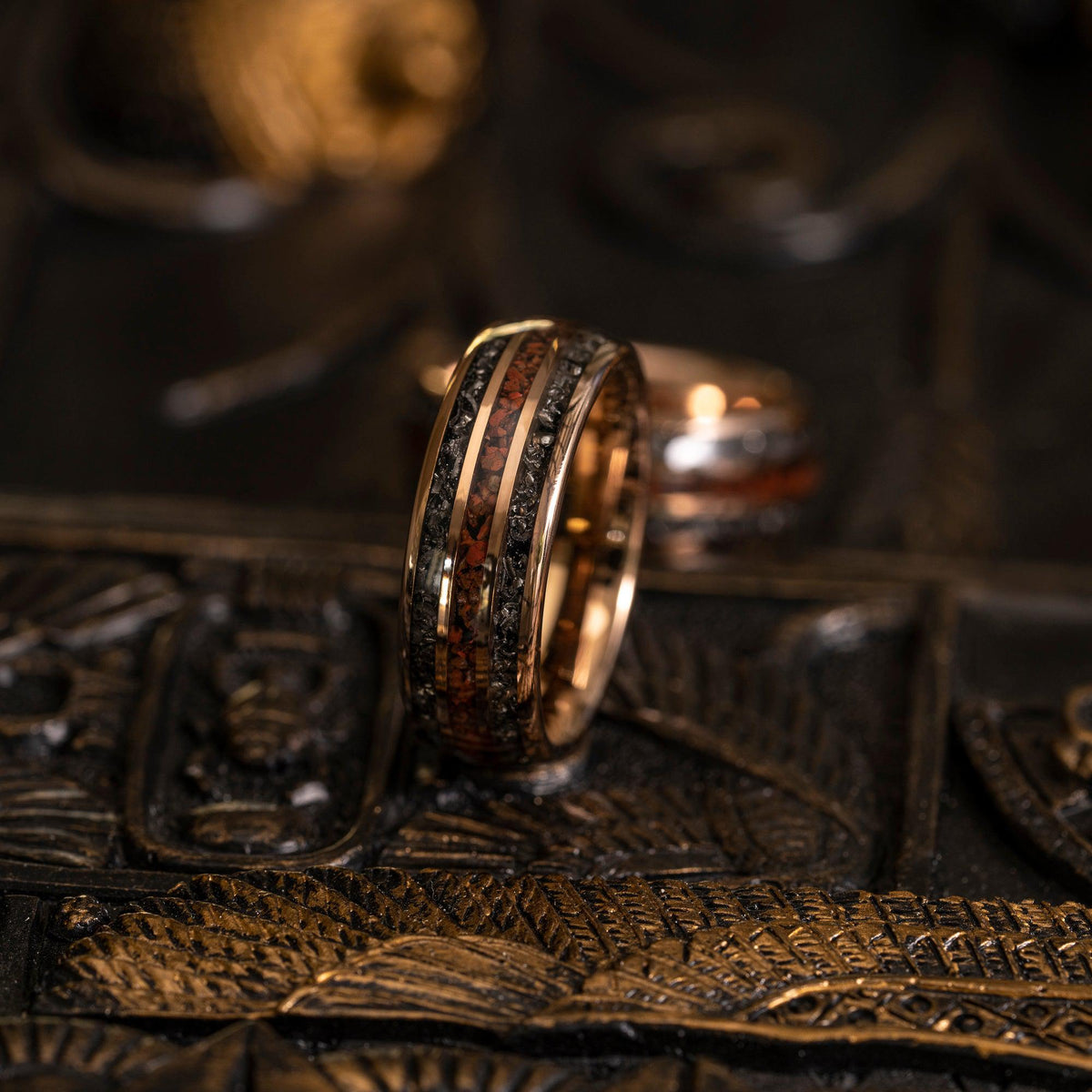 &quot;Perseus&quot; Rose Gold Domed Tungsten Carbide Ring- Dinosaur Bones and Meteorite- 6mm/8mm