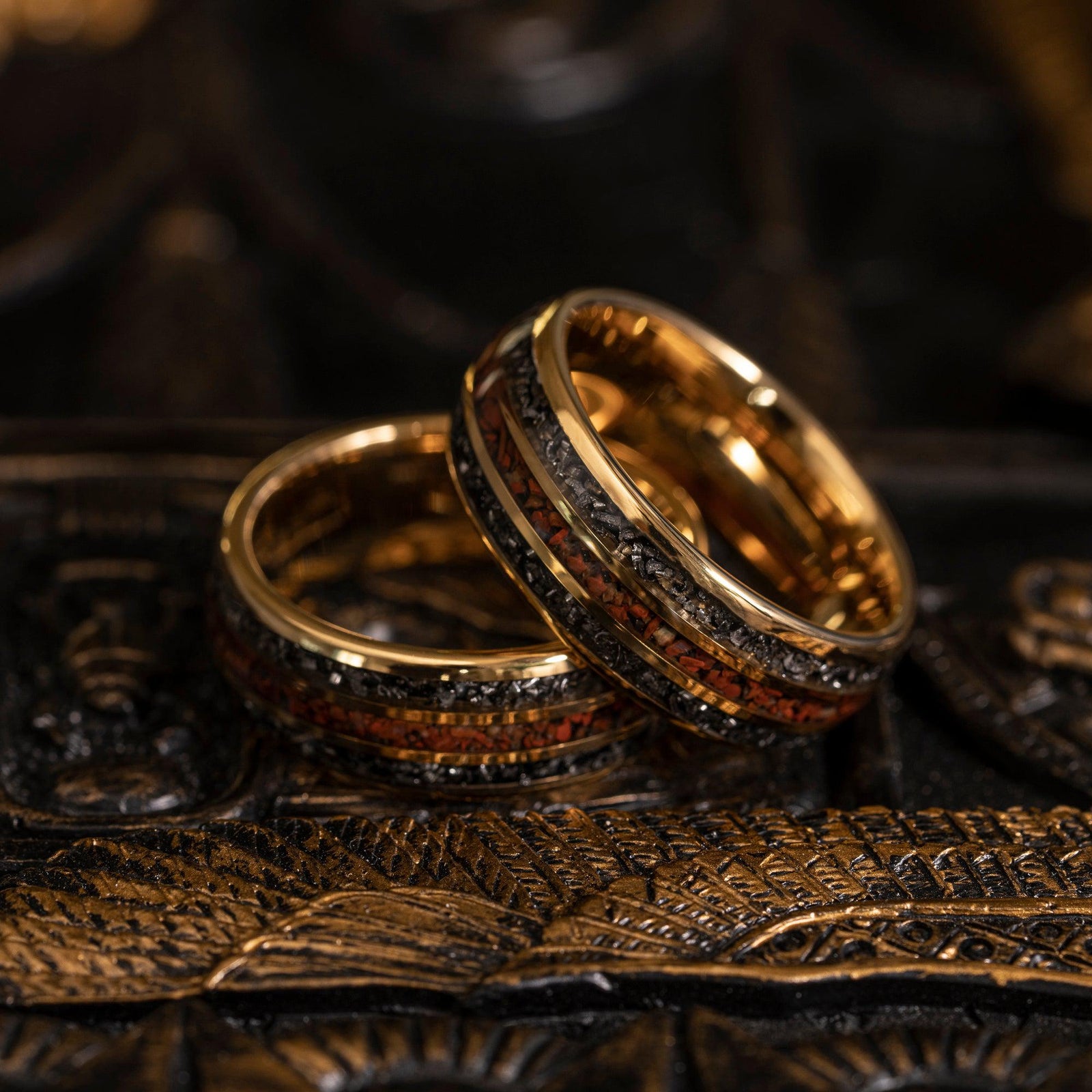 "Perseus" Yellow Gold Domed Tungsten Carbide Ring- Dinosaur and Meteorite- 6mm/8mm