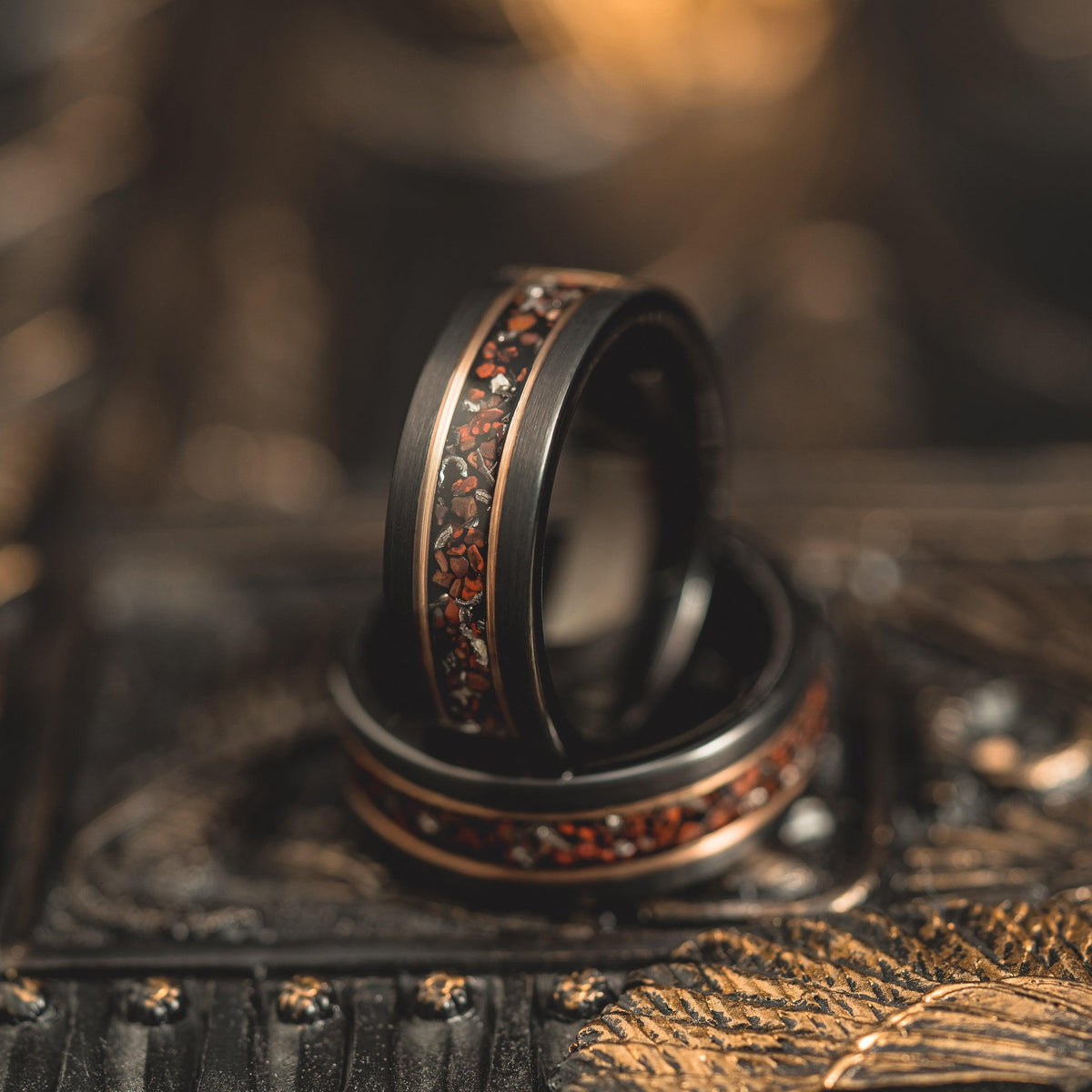 &quot;Perseus&quot; Black/Rose Flat Tungsten Carbide Ring- Dinosaur Bones and Meteorite- 8mm