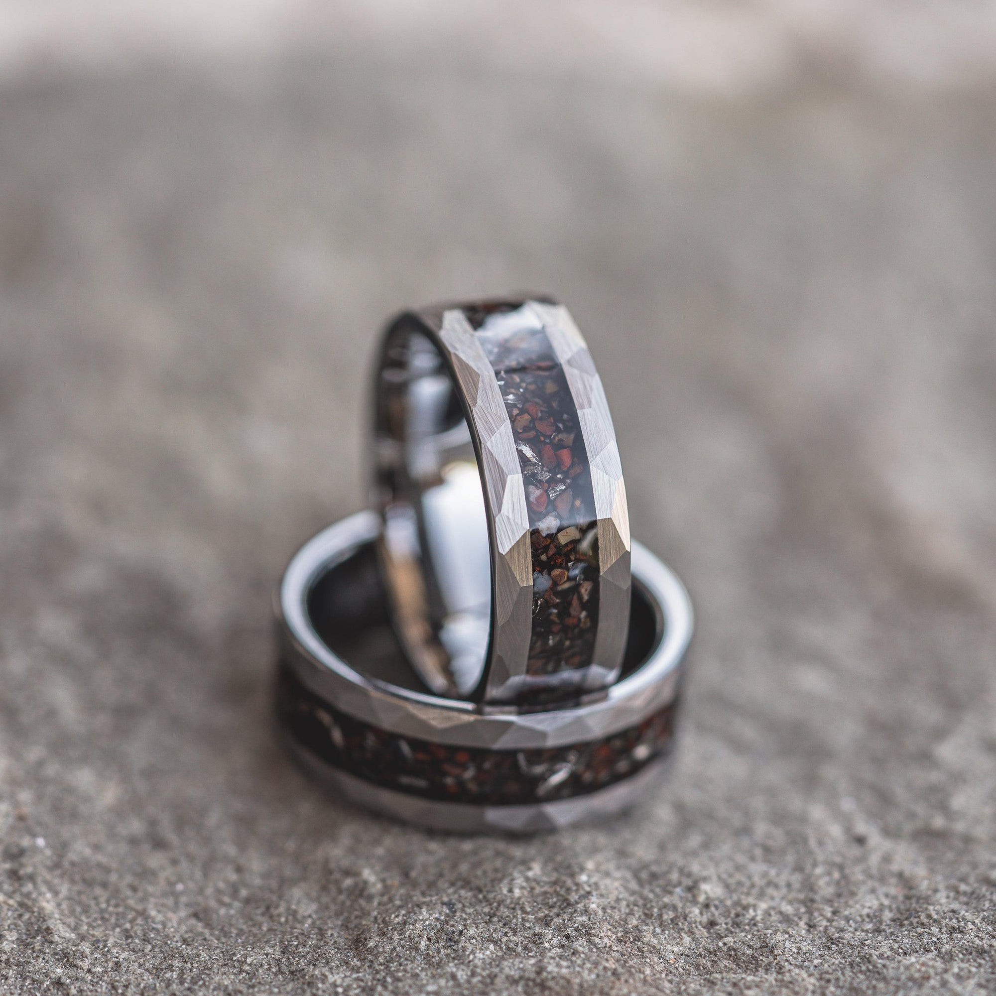 "Perseus" Silver Hammered Tungsten Carbide Ring- Dinosaur Bones and Meteorite- 6mm/8mm