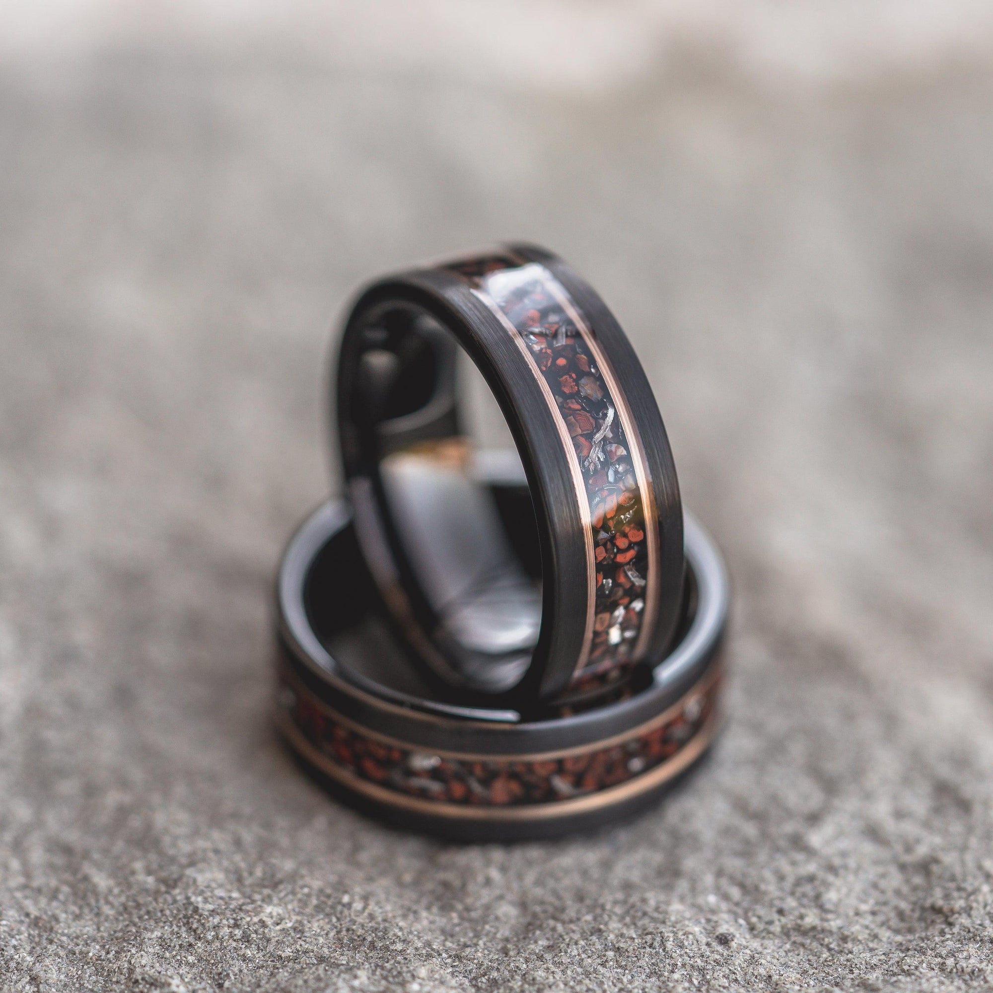 "Perseus" Black/Rose Flat Tungsten Carbide Ring- Dinosaur Bones and Meteorite- 8mm