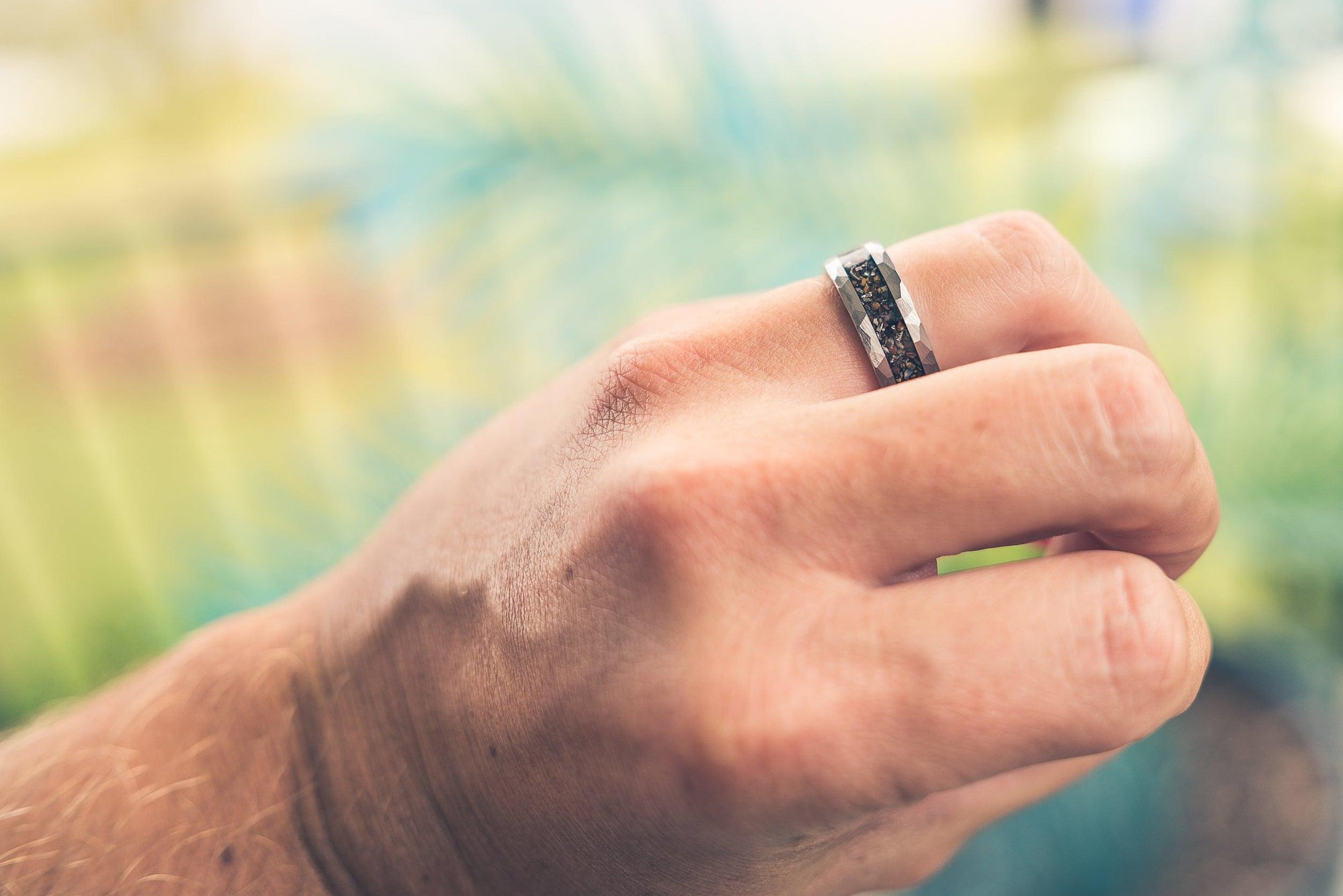 "Perseus" Silver Hammered Tungsten Carbide Ring- Dinosaur Bones and Meteorite- 6mm/8mm