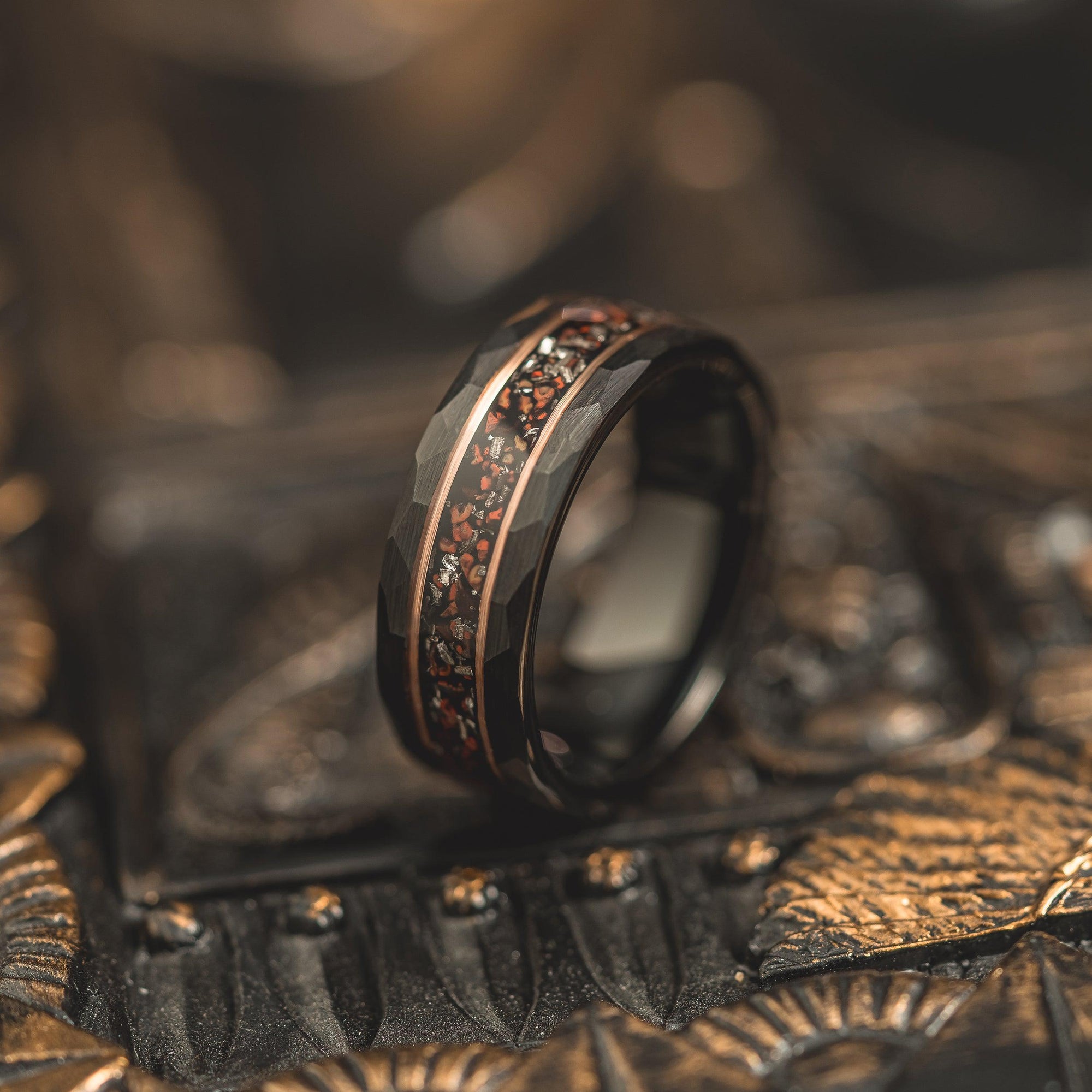 "Perseus" Black/Rose Hammered Tungsten Carbide Ring- Dinosaur Bones and Meteorite- 6mm/8mm