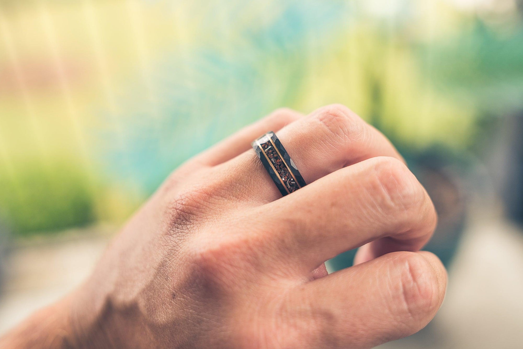 "Perseus" Black/Rose Hammered Tungsten Carbide Ring- Dinosaur Bones and Meteorite- 6mm/8mm