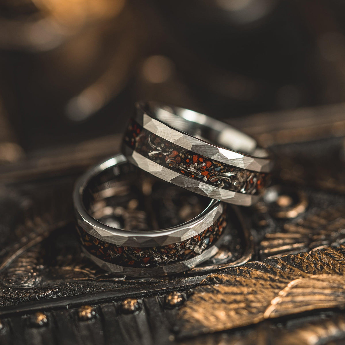 "Perseus" Silver Hammered Tungsten Carbide Ring- Dinosaur Bones and Meteorite- 6mm/8mm