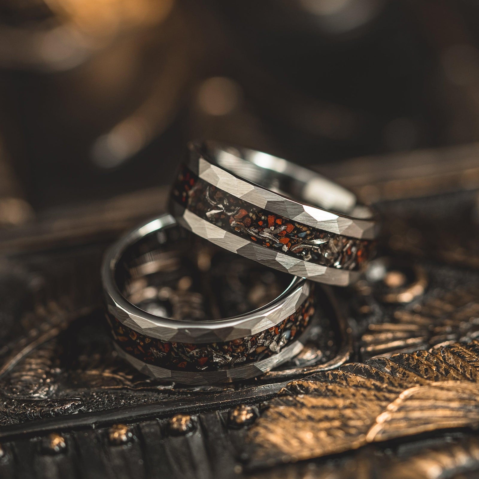 "Perseus" Silver Hammered Tungsten Carbide Ring- Dinosaur Bones and Meteorite- 6mm/8mm