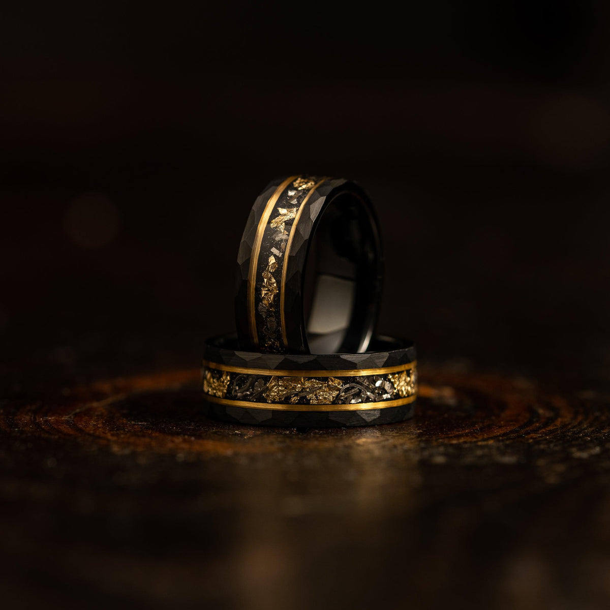 &quot;Zeus&quot; Hammered Tungsten Carbide Ring- Black w/ Meteorite &amp; Gold Leaf- 6mm/8mm