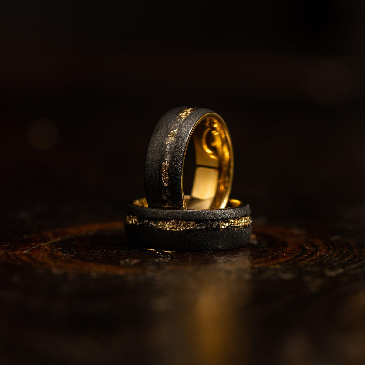 "Dionysus" Sandblasted Tungsten Carbide Ring- Black w/Gold Leaf & Meteorite- 8mm