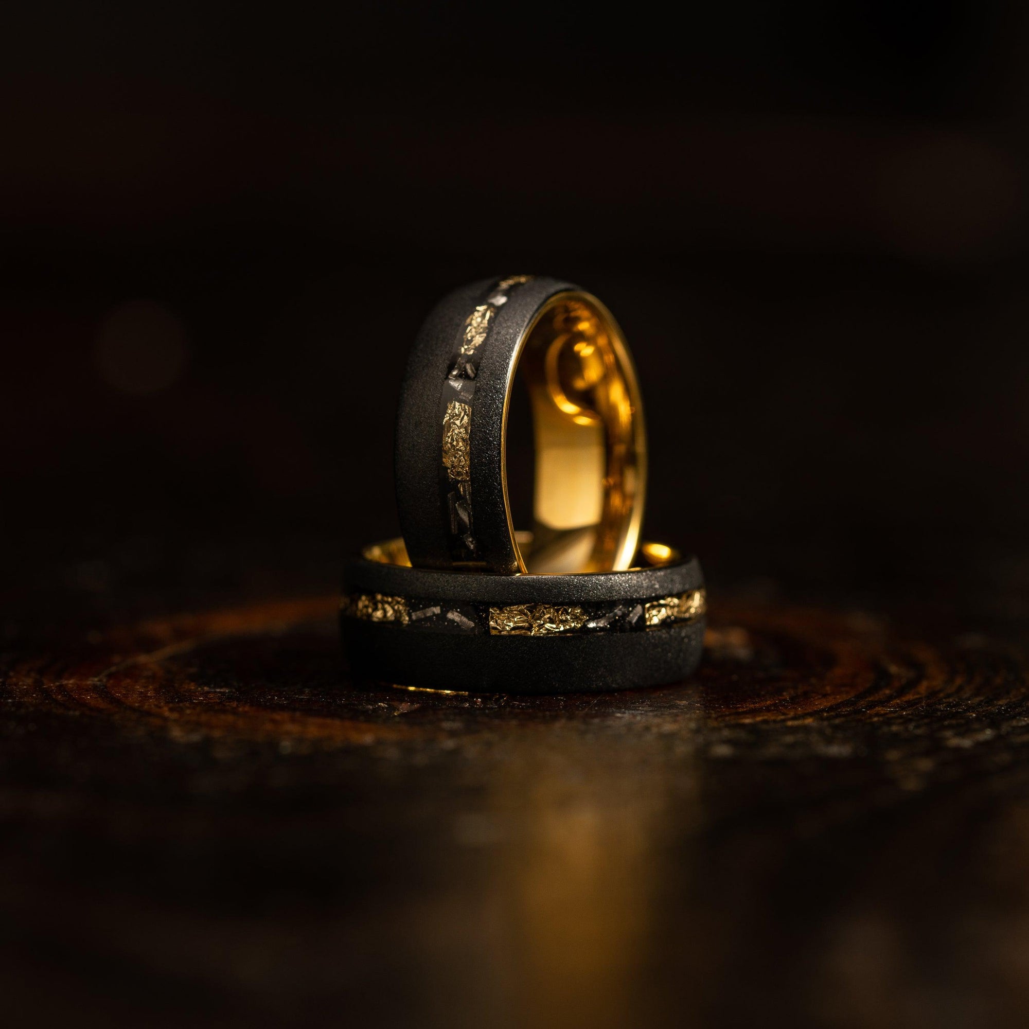 "Dionysus" Sandblasted Tungsten Carbide Ring- Black w/Gold Leaf & Meteorite- 8mm