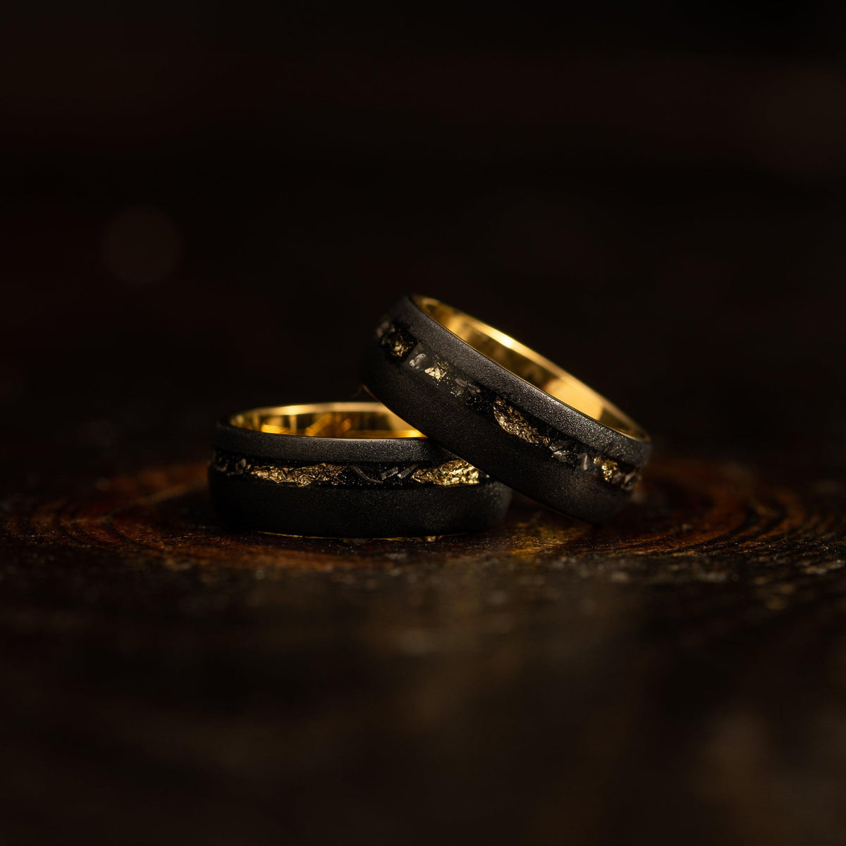 &quot;Dionysus&quot; Sandblasted Tungsten Carbide Ring- Black w/Gold Leaf &amp; Meteorite- 8mm