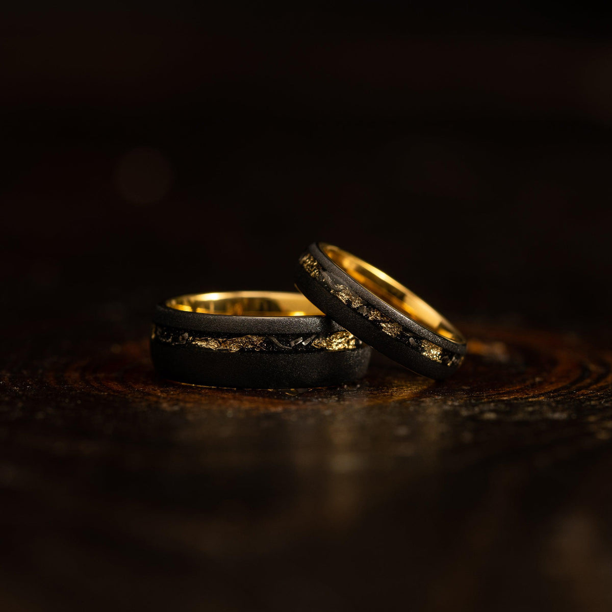 "Dionysus" Sandblasted Tungsten Carbide Ring- Womens Black w/ Gold Leaf & Meteorite- 5mm