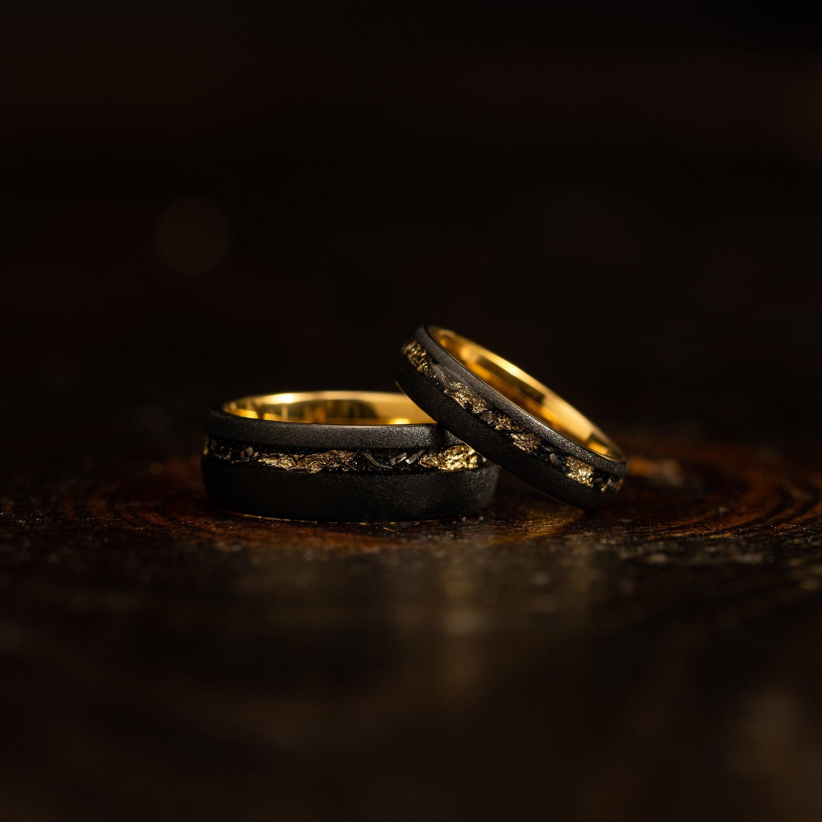 "Dionysus" Sandblasted Tungsten Carbide Ring- Womens Black w/ Gold Leaf & Meteorite- 5mm