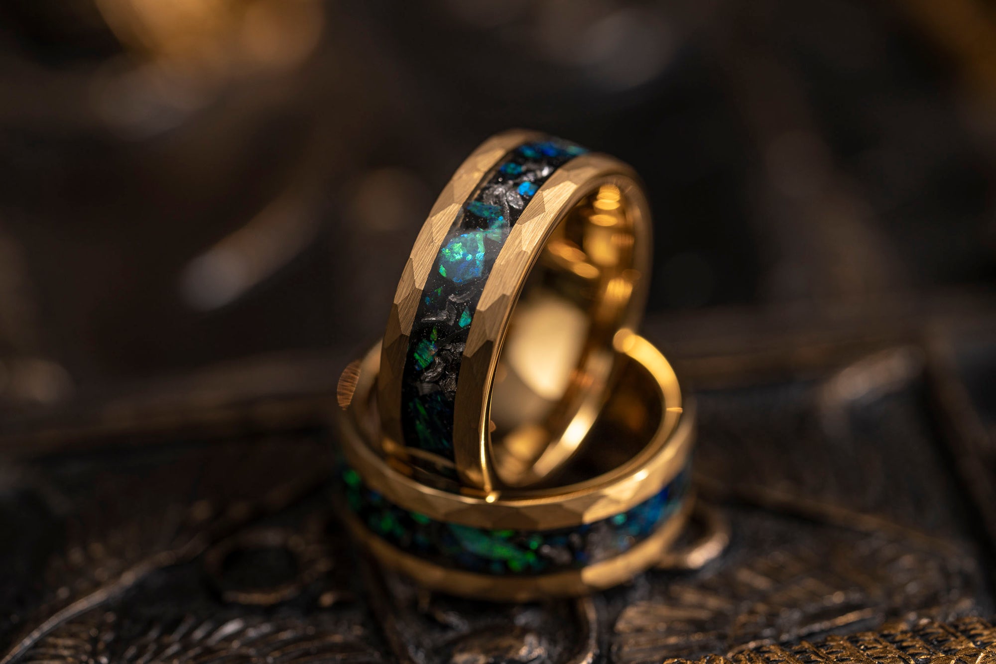 "Zeus" Gold Hammered Tungsten Carbide Ring- Meteorite and Emerald Opal- Yellow Gold- 8mm
