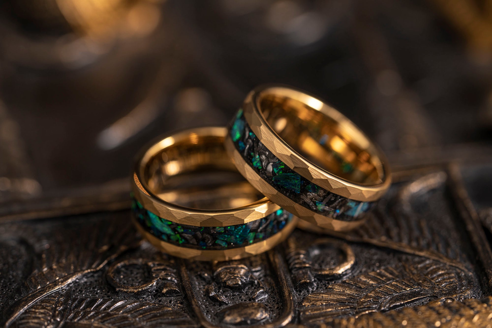 "Zeus" Gold Hammered Tungsten Carbide Ring- Meteorite and Emerald Opal- Yellow Gold- 8mm