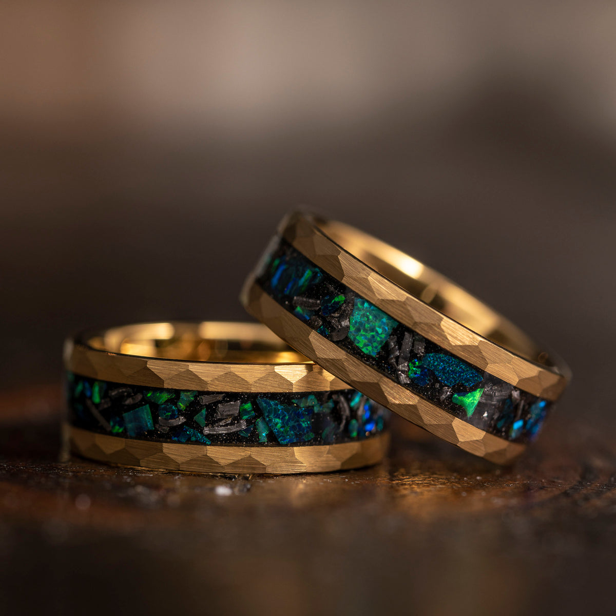 &quot;Zeus&quot; Gold Hammered Tungsten Carbide Ring- Meteorite and Emerald Opal- Yellow Gold- 8mm