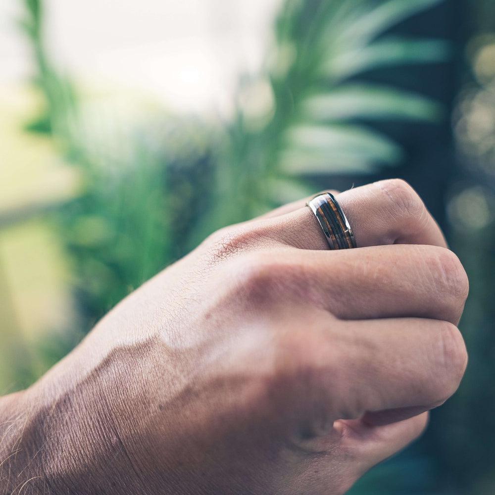 "Dionysus" Hawaiian Koa Wood x Guitar String Ring- Gunmetal Tungsten-Rings By Lux