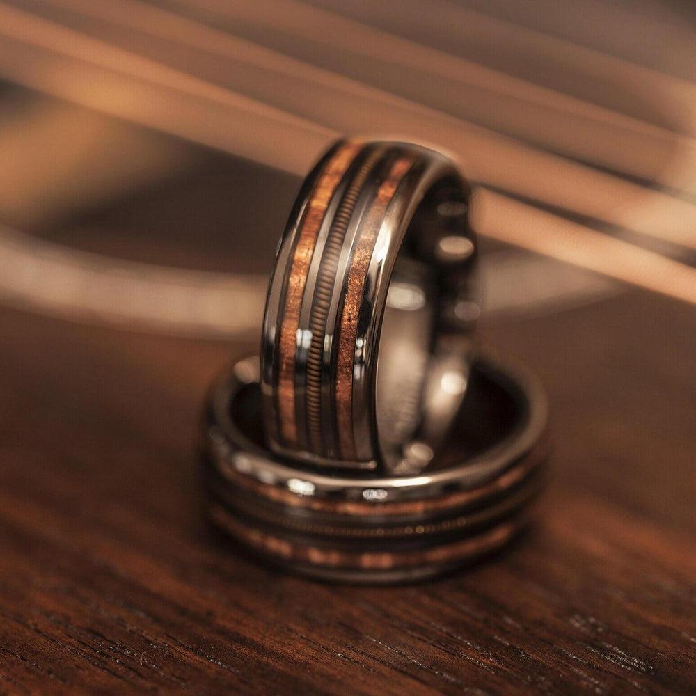 &quot;Dionysus&quot; Hawaiian Koa Wood x Guitar String Ring- Gunmetal Tungsten-Rings By Lux