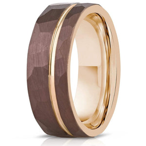 "Zeus" Hammered Tungsten Carbide Ring- Coffee with Rose Gold-Rings By Lux