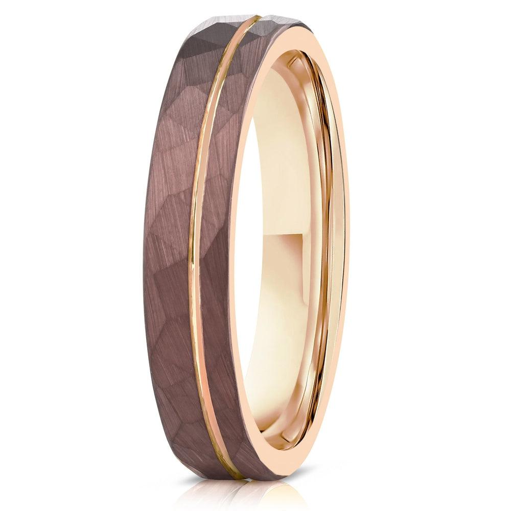 "Zeus" Womens Hammered Tungsten Carbide Ring- Chocolate w/ Rose Gold Strip- 4mm-Rings By Lux