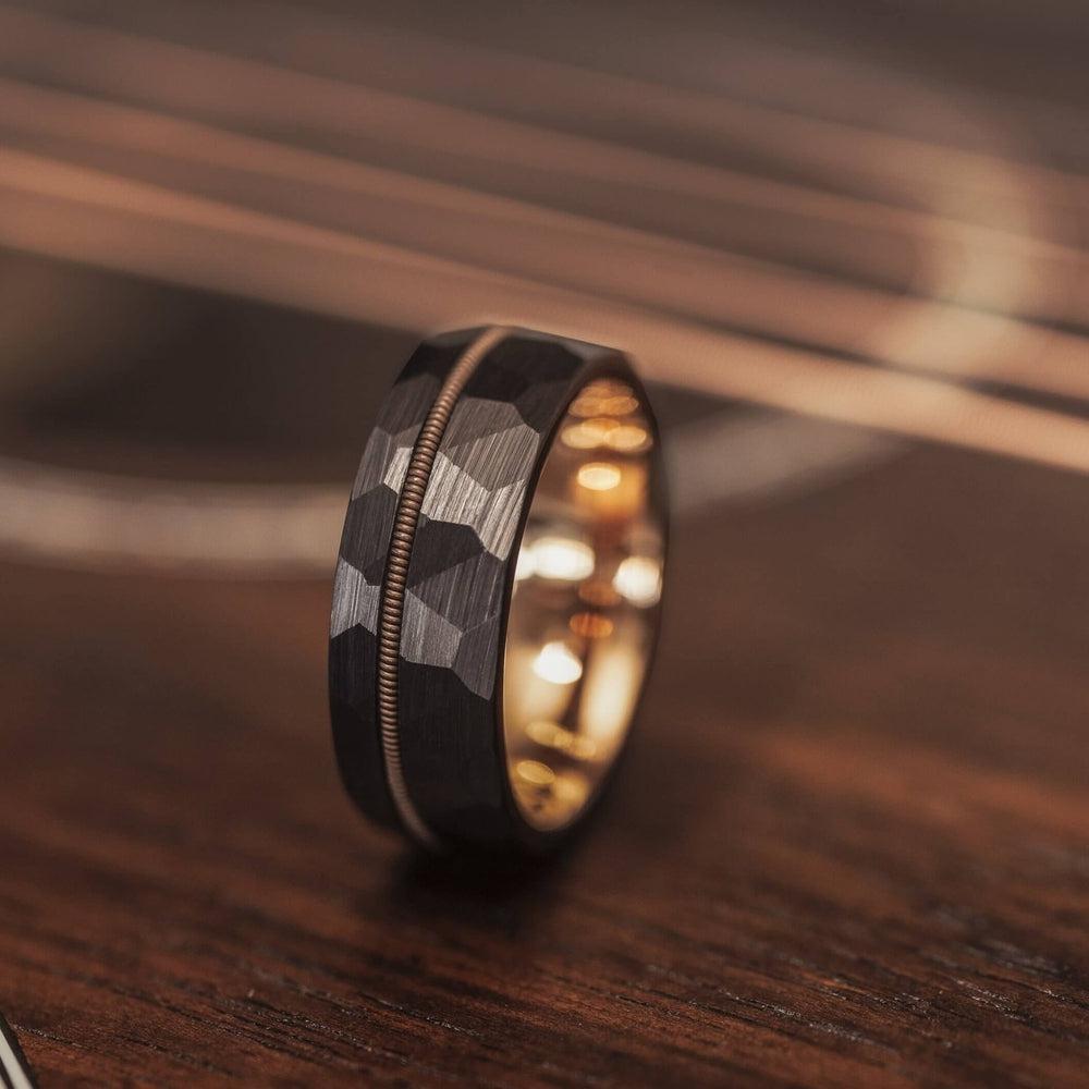 &quot;Zeus&quot; Hammered Guitar String Ring- Black with Guitar String-Rings By Lux