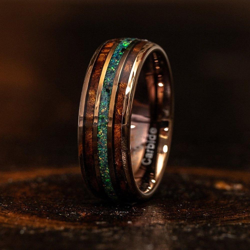"Dionysus" Whisky Barrel x Green/Blue Opal Rose Gold Tungsten Ring-Rings By Lux