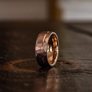 "Zeus" Hammered Tungsten Carbide Ring- Coffee with Rose Gold-Rings By Lux