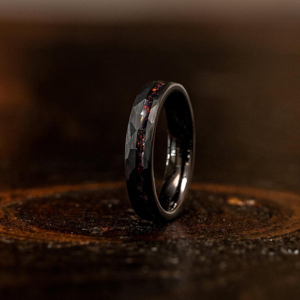 "Zeus" Womens Hammered Tungsten Carbide Ring- Black w/ Black Opal Strip- 4mm-Rings By Lux