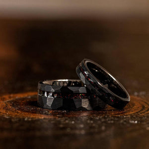 "Zeus" Hammered Tungsten Carbide Ring- Black w/ Black Opal Strip- 8mm-Rings By Lux