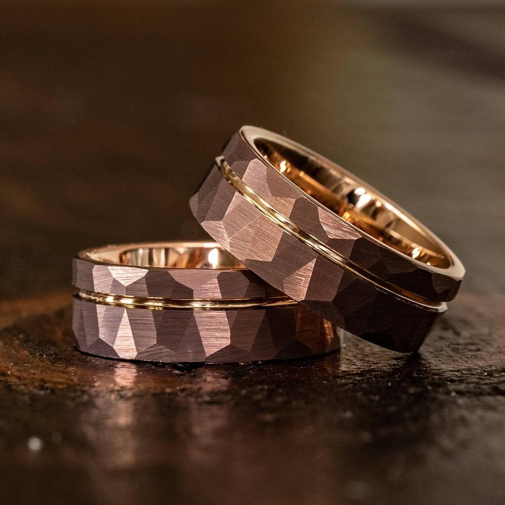 &quot;Zeus&quot; Hammered Tungsten Carbide Ring- Coffee with Rose Gold-Rings By Lux