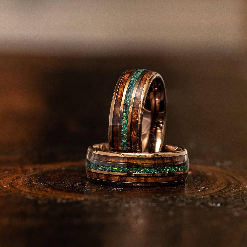 "Dionysus" Whisky Barrel x Green/Blue Opal Rose Gold Tungsten Ring-Rings By Lux