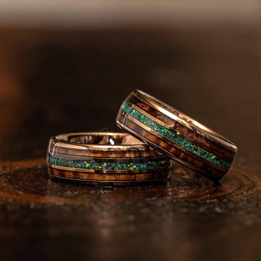 "Dionysus" Whisky Barrel x Green/Blue Opal Rose Gold Tungsten Ring-Rings By Lux