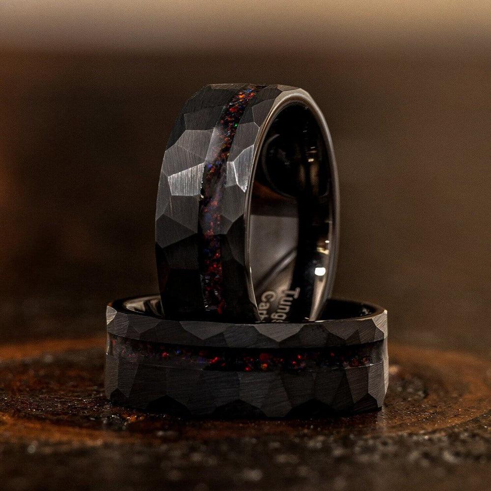 &quot;Zeus&quot; Hammered Tungsten Carbide Ring- Black w/ Black Opal Strip- 8mm-Rings By Lux