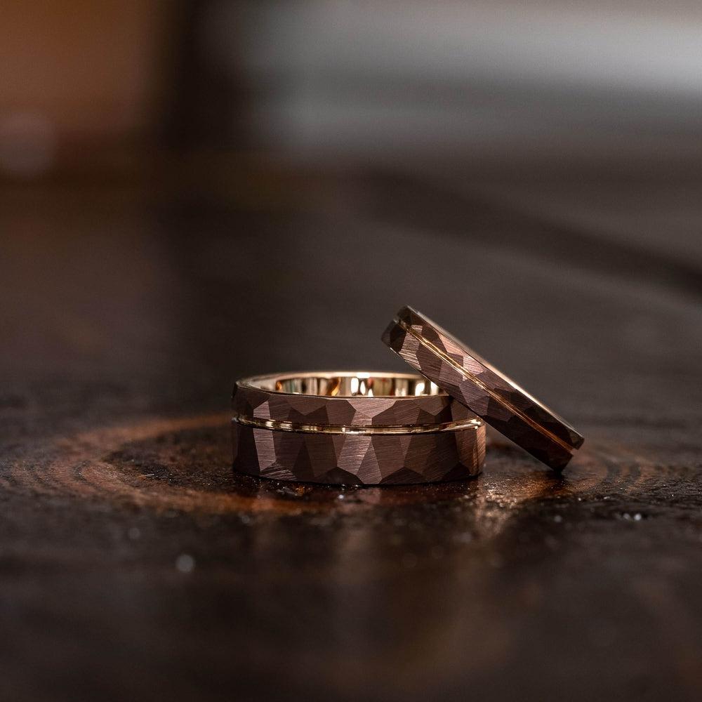 "Zeus" Hammered Tungsten Carbide Ring- Coffee with Rose Gold-Rings By Lux