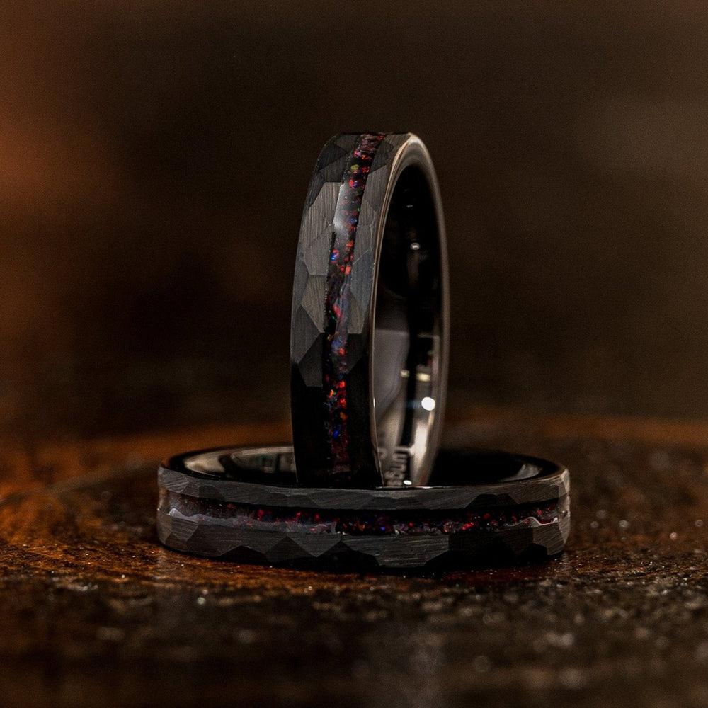 &quot;Zeus&quot; Womens Hammered Tungsten Carbide Ring- Black w/ Black Opal Strip- 4mm-Rings By Lux