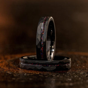 "Zeus" Womens Hammered Tungsten Carbide Ring- Black w/ Black Opal Strip- 4mm-Rings By Lux