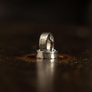 "Zeus" Hammered Tungsten Carbide Ring- Flat with Silver Strip- 6mm/8mm