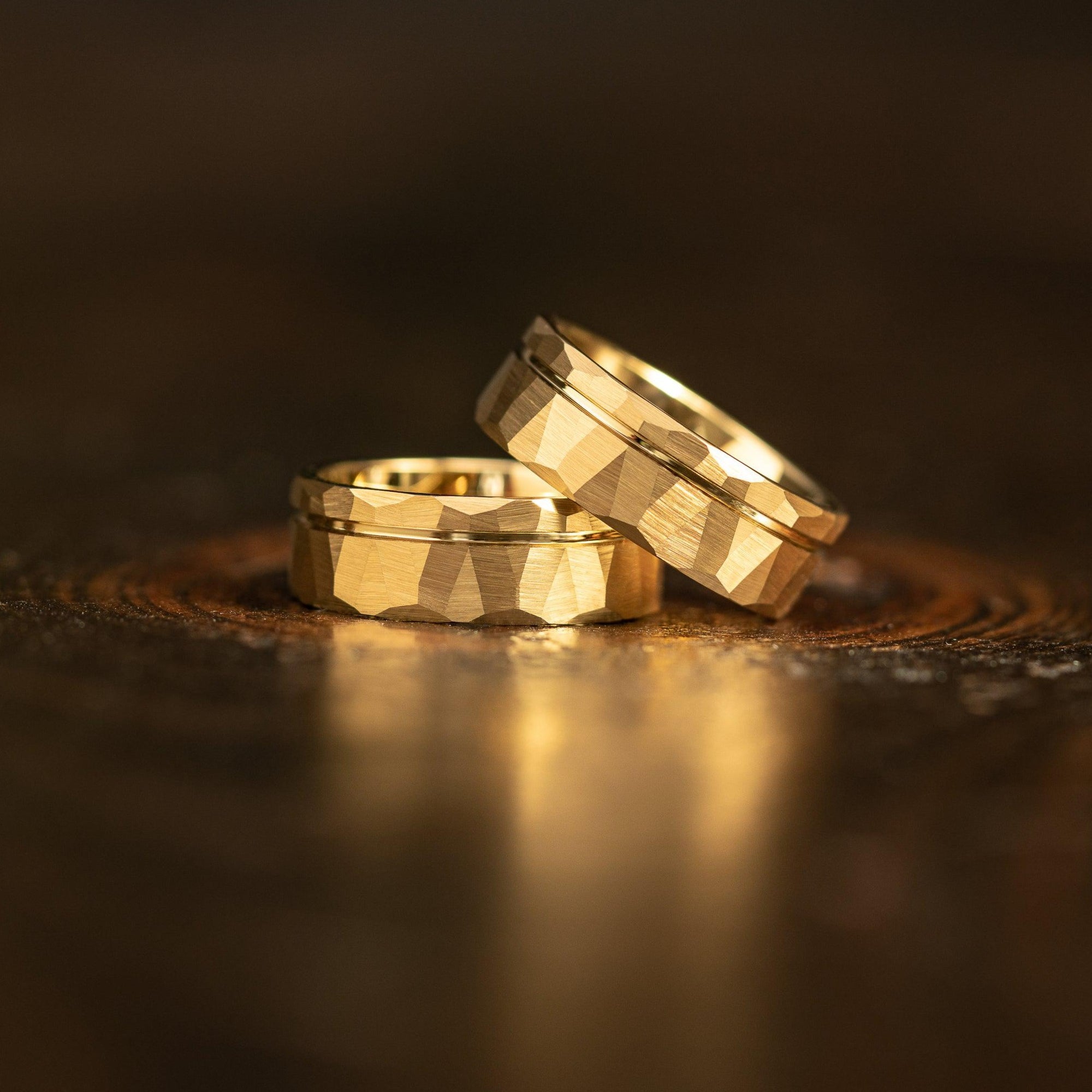 "Zeus" Hammered Tungsten Carbide Ring- Flat with Yellow Gold Strip- 6mm/8mm