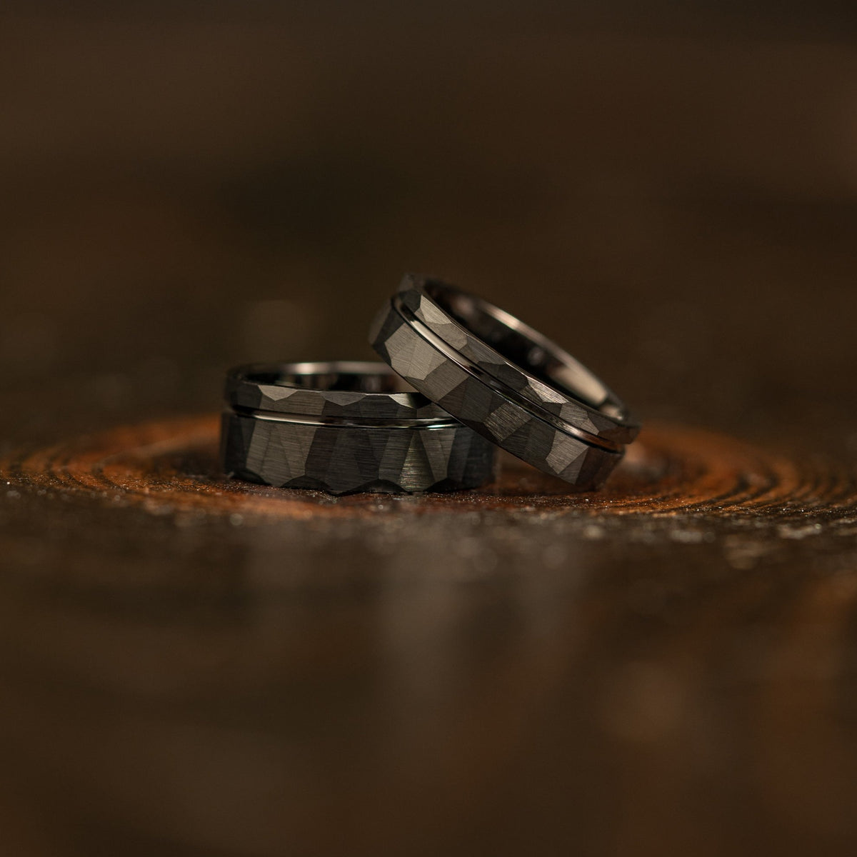 &quot;Zeus&quot; Hammered Tungsten Carbide Ring- Flat with Black Strip- 6mm/8mm