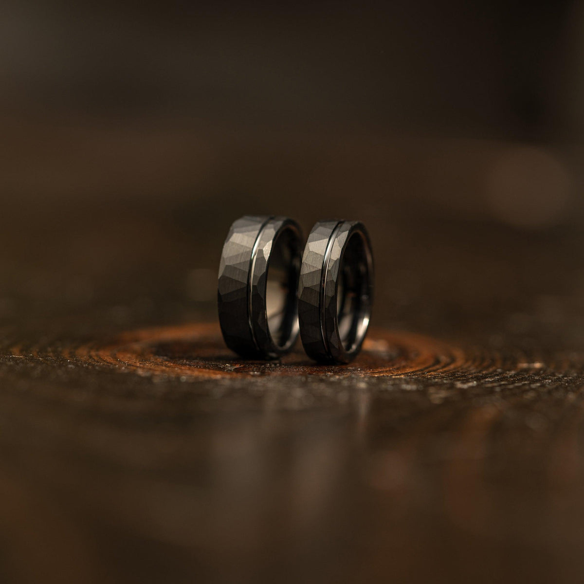 "Zeus" Hammered Tungsten Carbide Ring- Flat with Black Strip- 6mm/8mm
